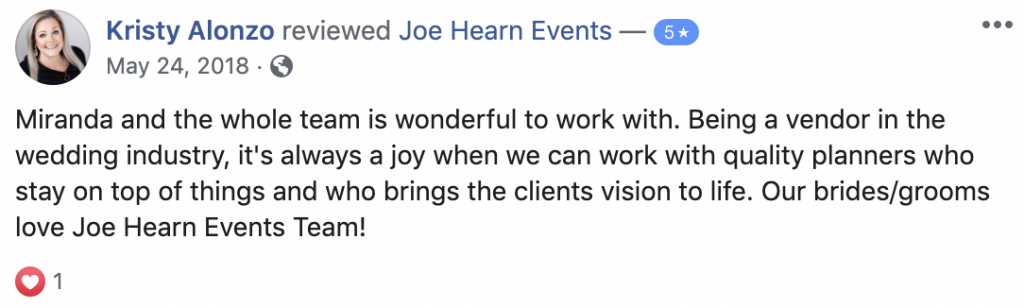 Miranda and the whole team is wonderful to work with. Being a vendor in the wedding industry, it's always a joy when we can work with quality planners who stay on top of things and who brings the clients vision to life. Our brides/grooms love Joe Hearn Events Team!